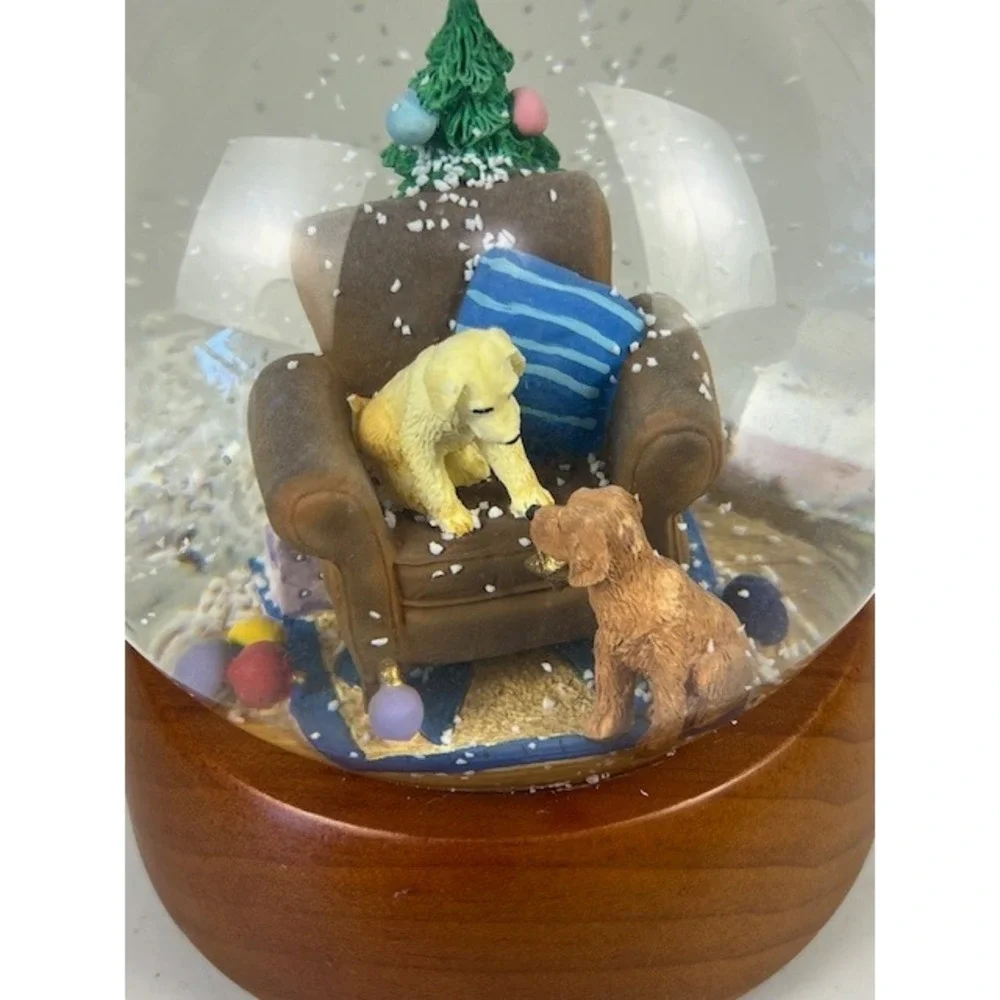 Pottery Barn Y2K‎ Christmas Snow Globe Golden Retriever Puppies Wood Base 7.5 In